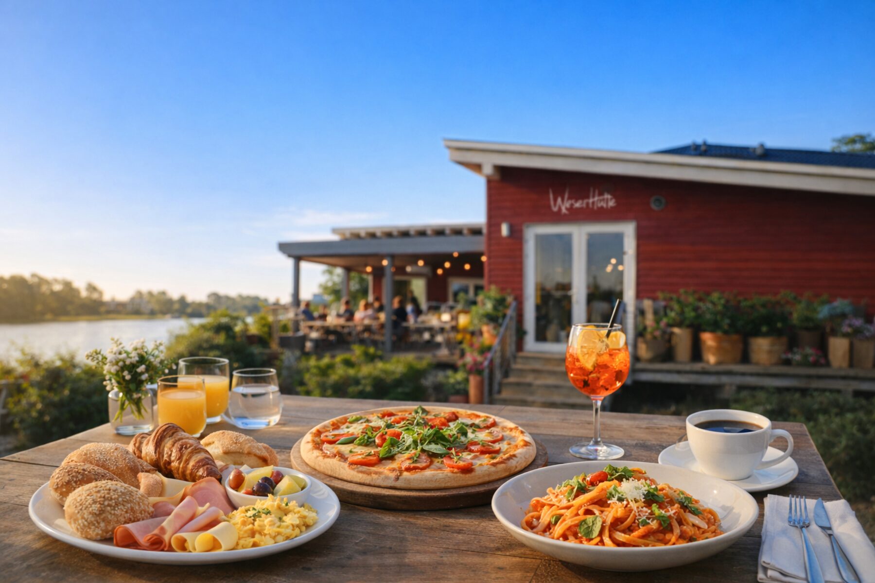 Gedeckter Tisch mit Pizza und Aperol vor der roten WeserHütte