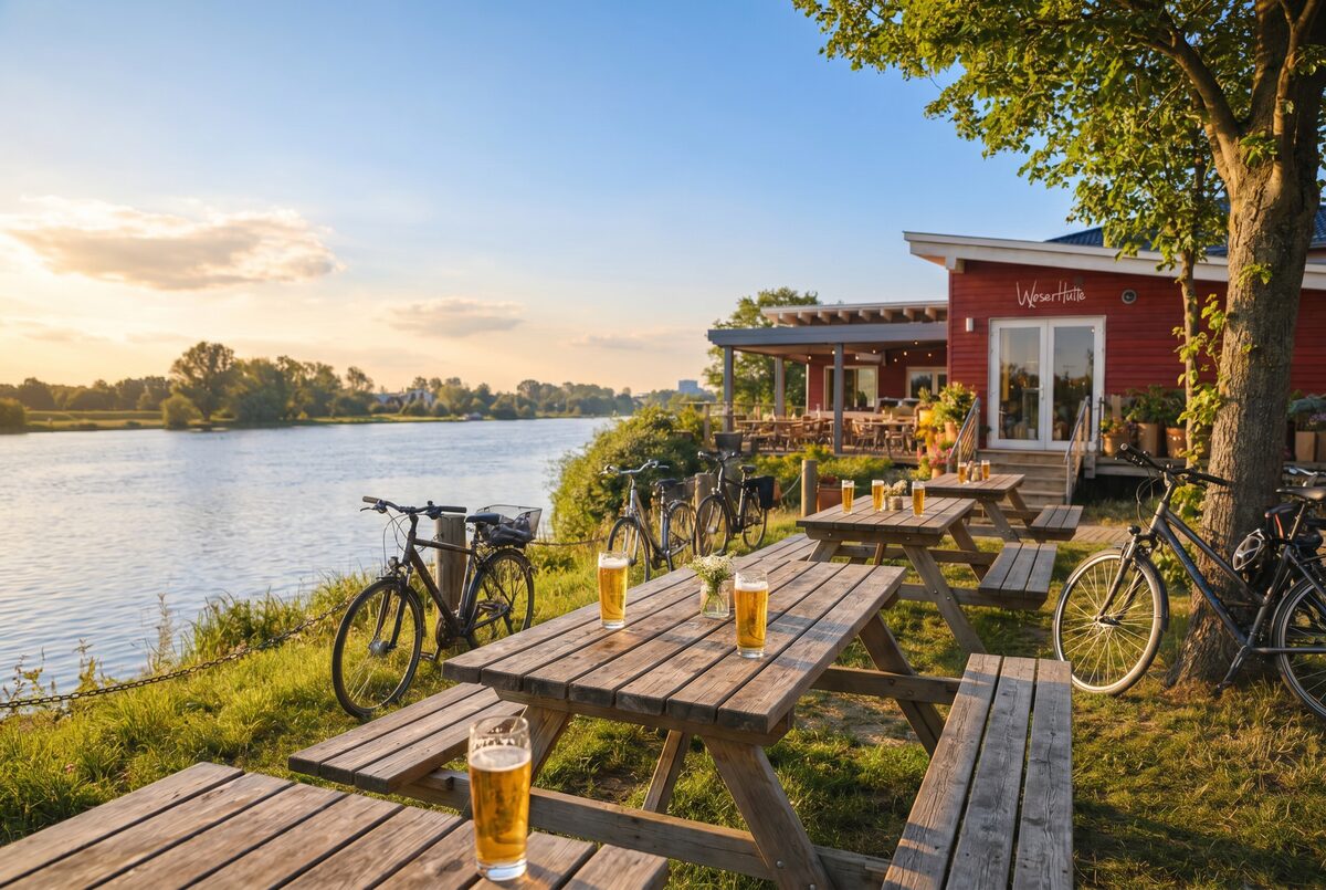 Biergarten mit Sitzplätzen direkt am Wasser, Fahrräder davor