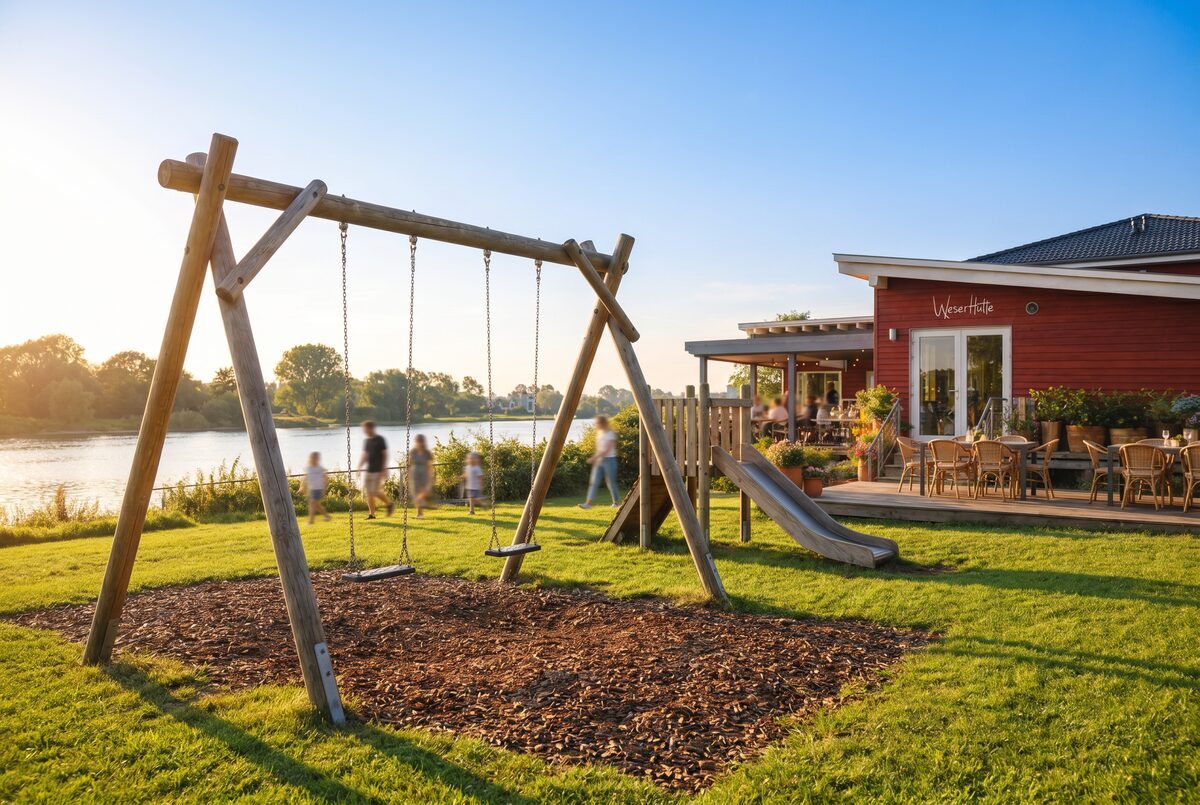Spielplatz für Kinder neben der WeserHütte am Fluss