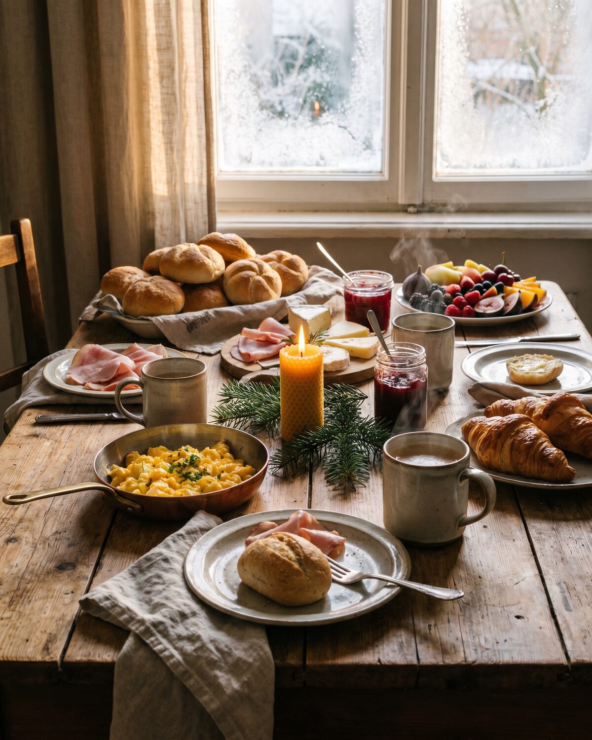 Ausgiebiges Winterfrühstück am Fluss mit Kaffee und Kerzen