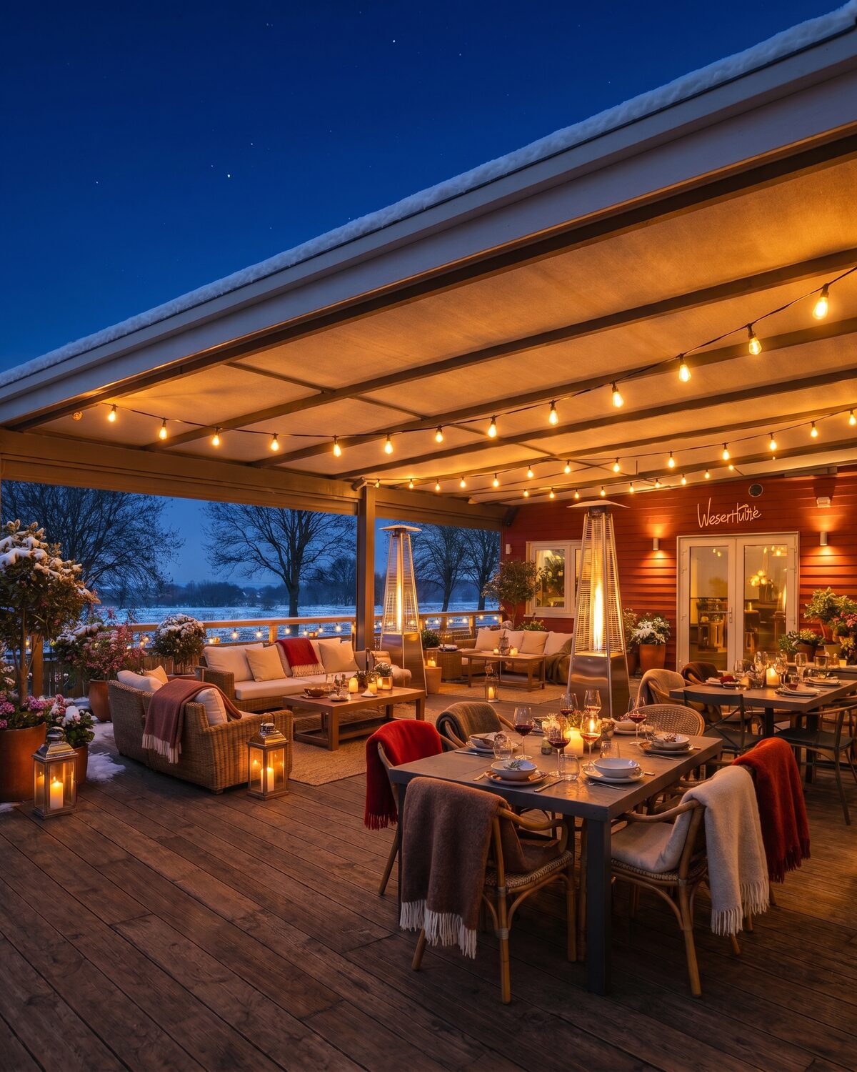 Beheizte, überdachte Terrasse der WeserHütte im Winter mit Lichterketten und Decken